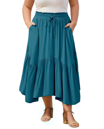 Plus Size Boho Maxi Skirt Tiered-Lake Blue