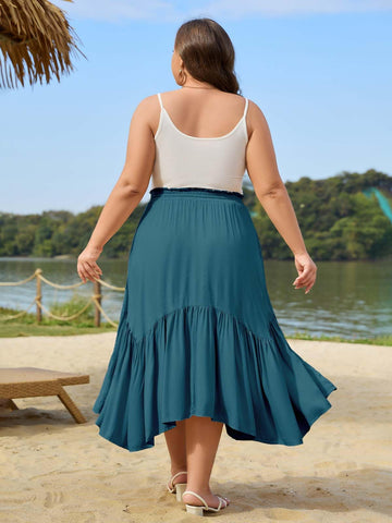 Plus Size Boho Maxi Skirt Tiered-Lake Blue