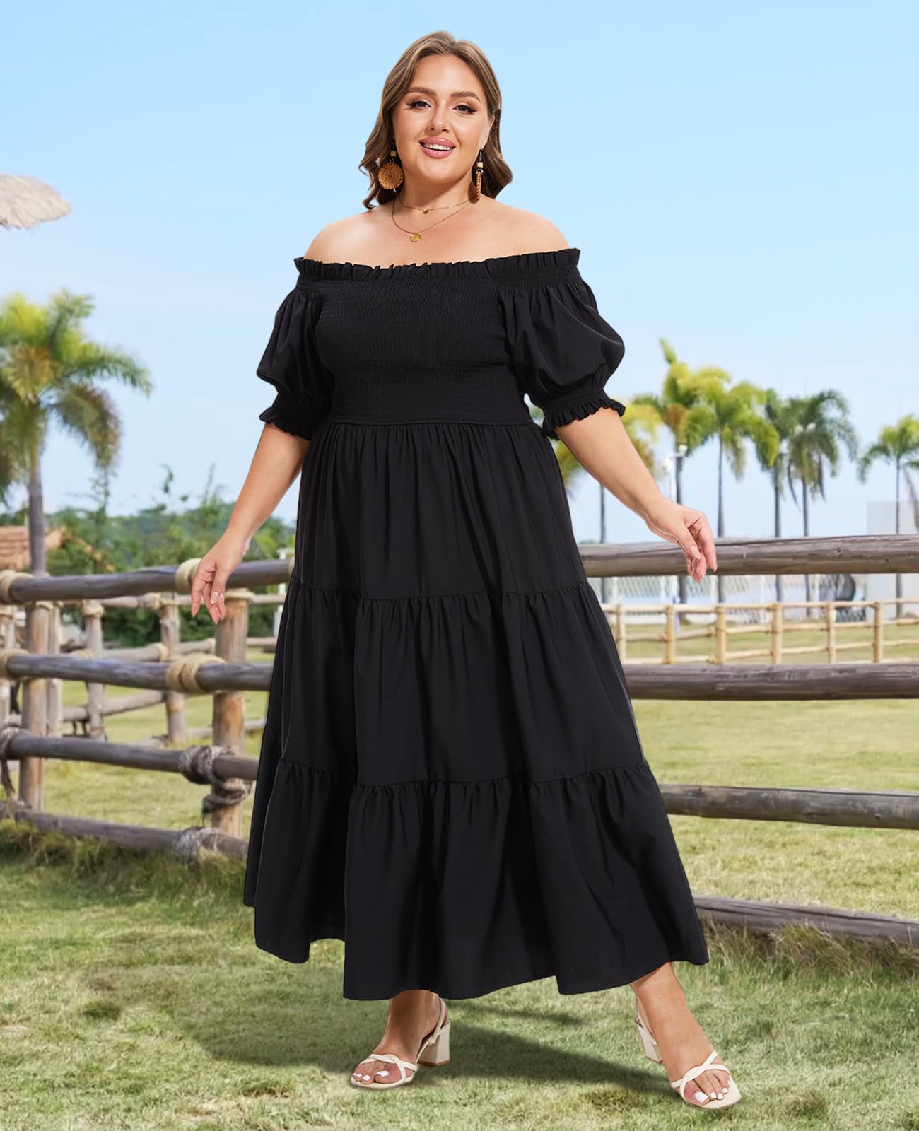 Plus Size Casual Maxi Dress Square Neck-Black Moon Wood