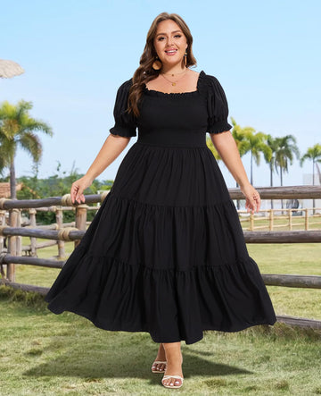 Plus Size Casual Maxi Dress Square Neck-Black