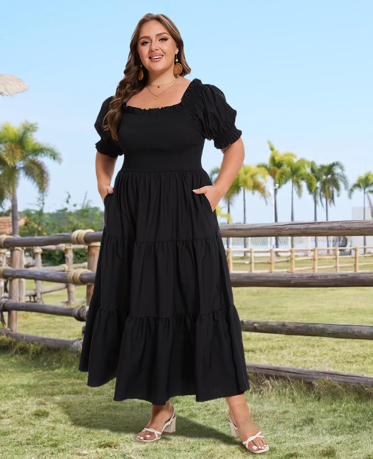 Plus Size Casual Maxi Dress Square Neck-Black, 5XL Plus Size Casual Maxi Dress Square Neck-Black, 5XL