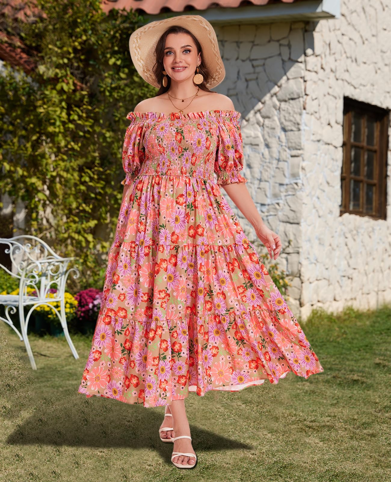 Plus Size Casual Maxi Dress Square Neck-Gerbera