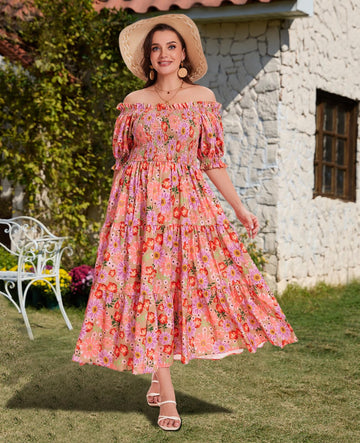 Plus Size Casual Maxi Dress Square Neck-Gerbera