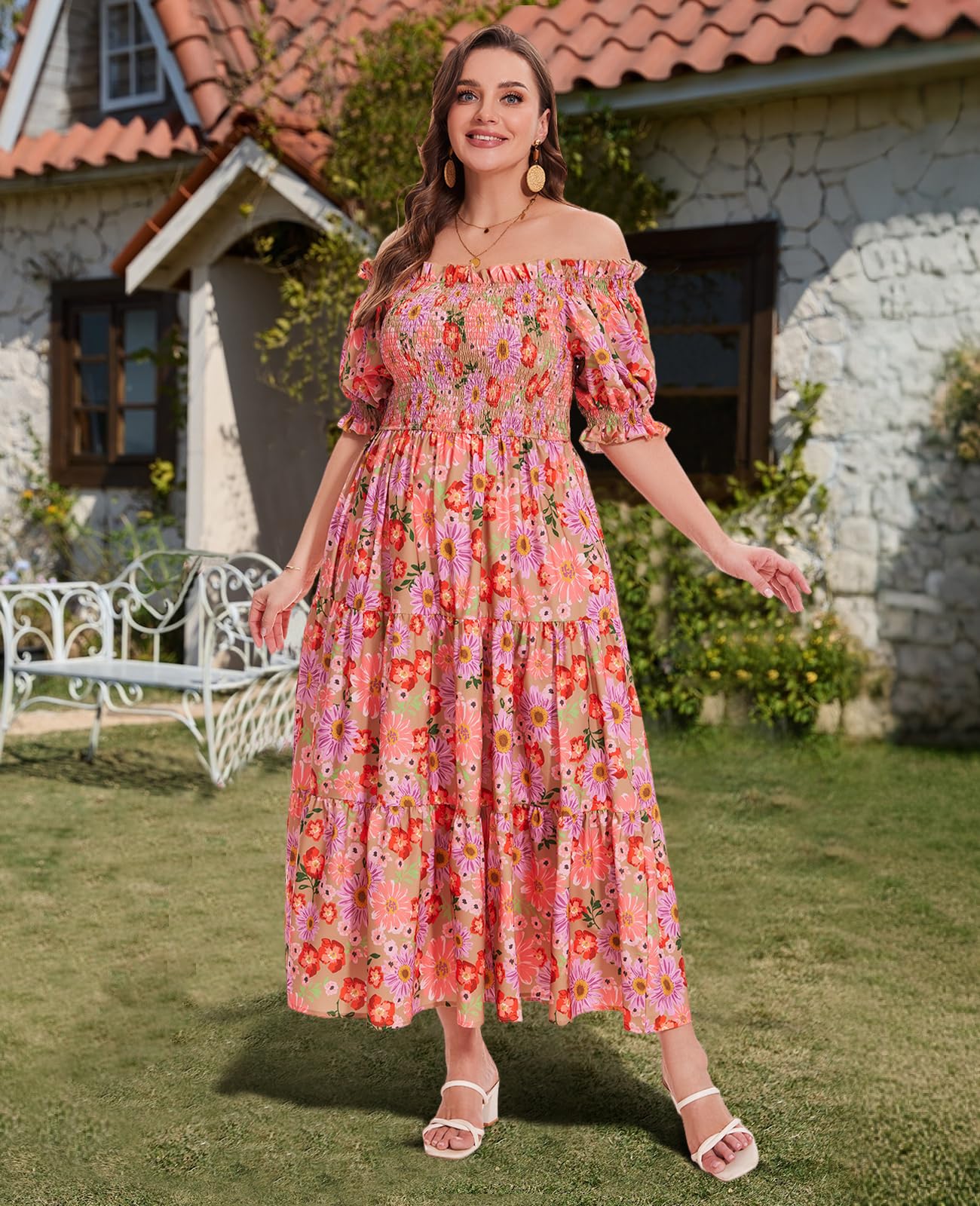 Plus Size Casual Maxi Dress Square Neck-Gerbera | Moon Wood