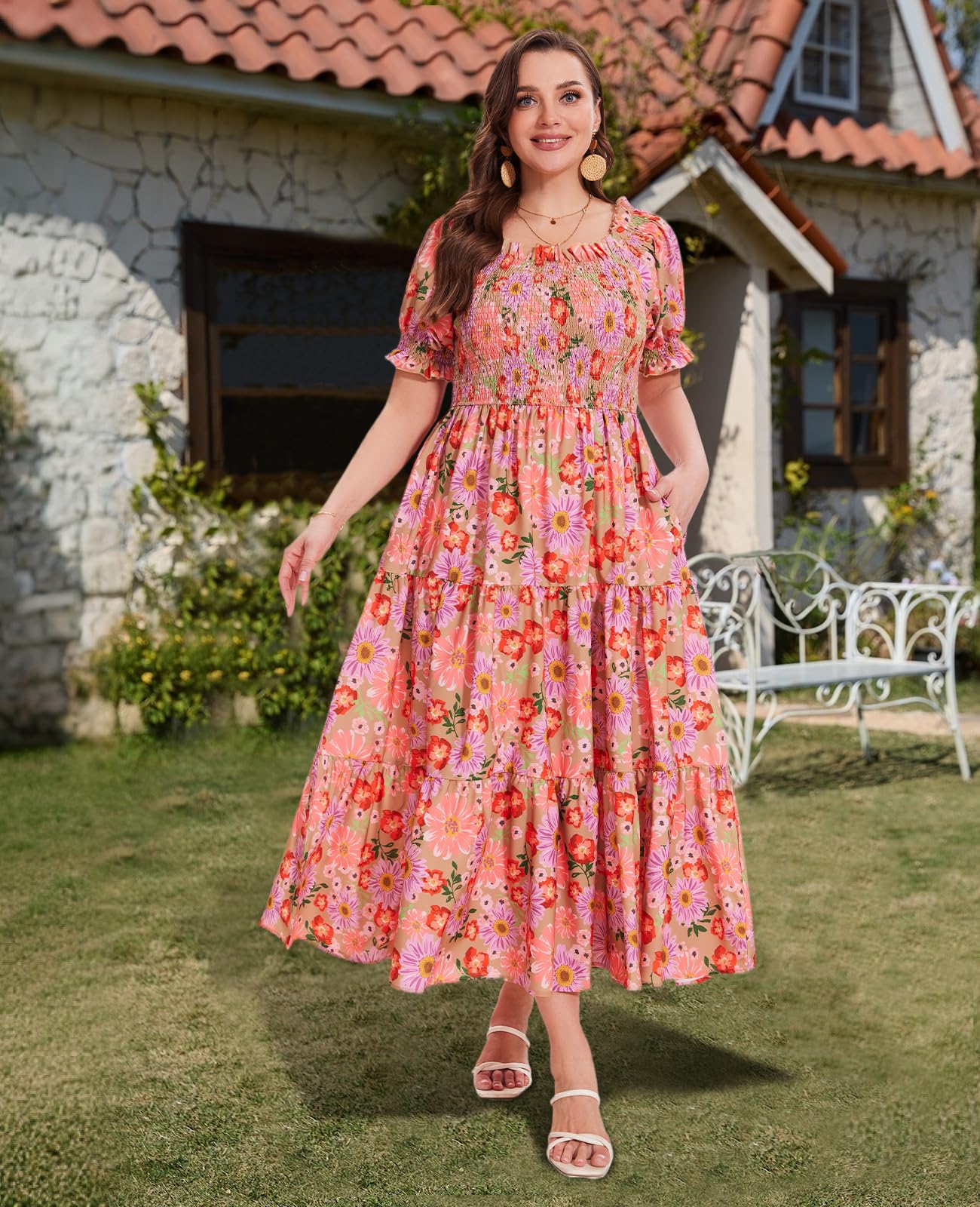 plus size maxi dress Plus Size Casual Maxi Dress Square Neck-Gerbera, XL
