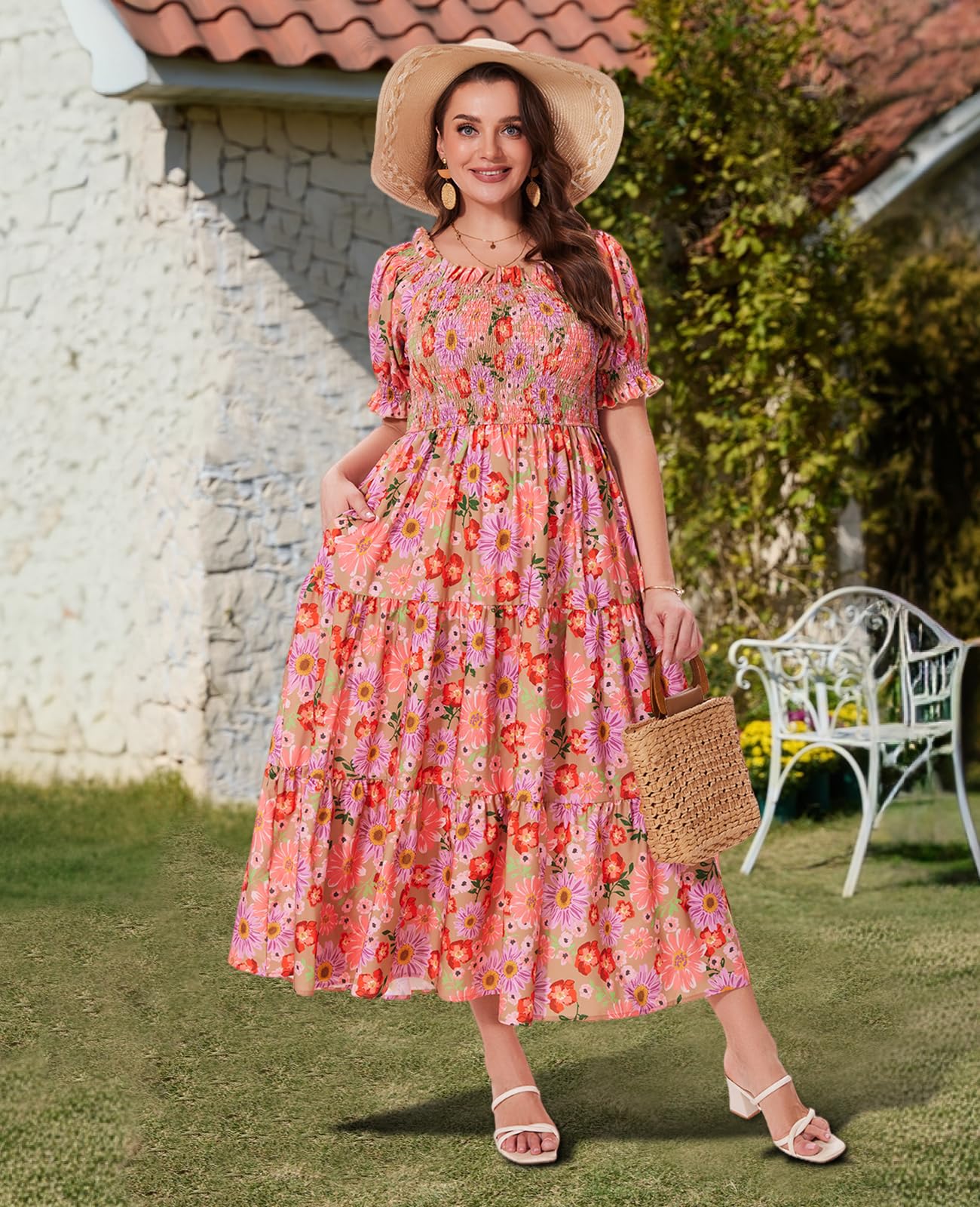 Plus Size Casual Maxi Dress Square Neck-Gerbera | Moon Wood Plus Size Casual Maxi Dress Square Neck-Gerbera | Moon Wood