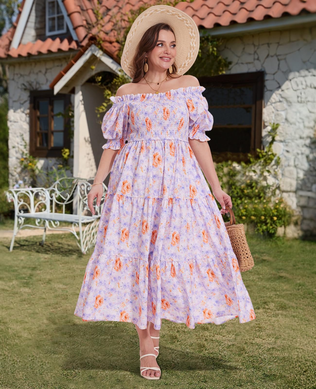 Plus Size Casual Maxi Dress Square Neck-Oil Painting Purple, 3XL Plus Size Casual Maxi Dress Square Neck-Oil Painting Purple, 3XL