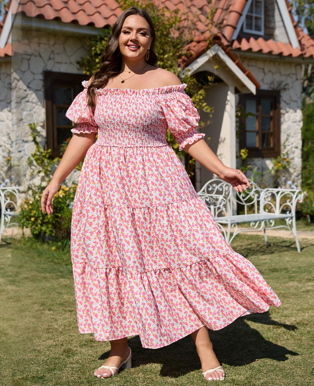 Plus Size Casual Maxi Dress Square Neck-Pink&White Flower