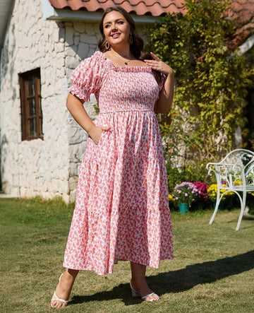 Plus Size Casual Maxi Dress Square Neck-Pink&White Flower