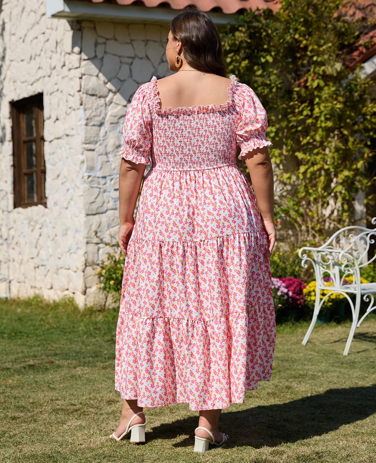 Plus Size Casual Maxi Dress Square Neck-Pink&White Flower, 3XL Plus Size Casual Maxi Dress Square Neck-Pink&White Flower, 3XL