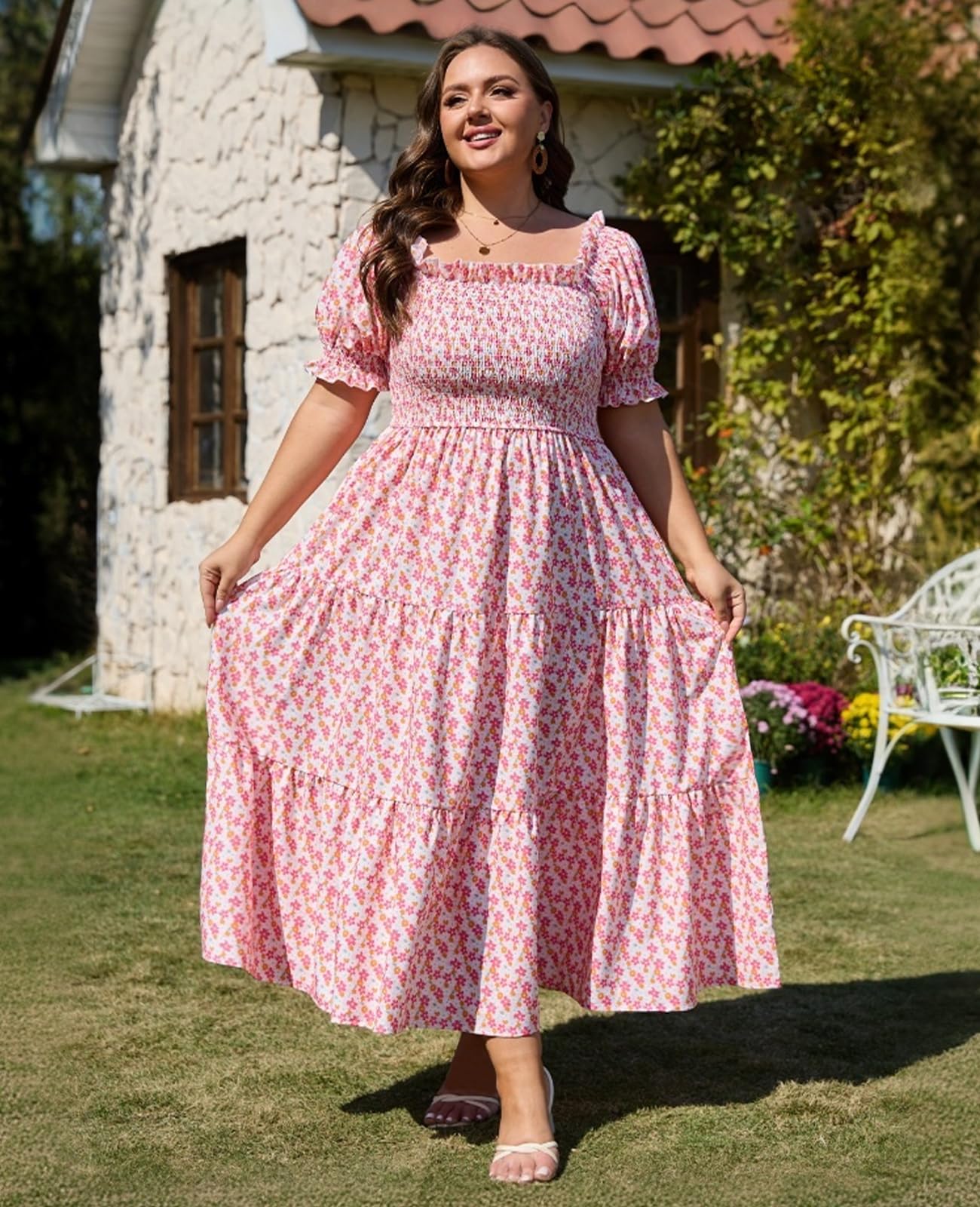 Plus Size Casual Maxi Dress Square Neck-Pink&White Flower, 3XL Plus Size Casual Maxi Dress Square Neck-Pink&White Flower, 3XL