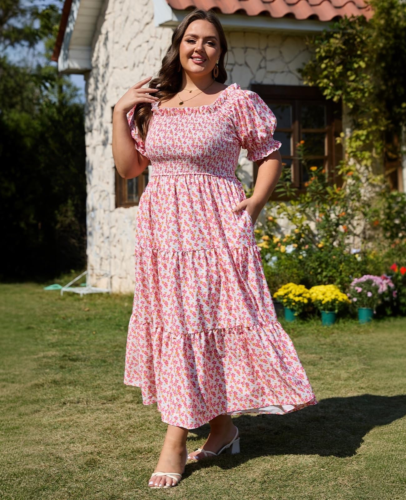 Plus Size Casual Maxi Dress Square Neck-Pink&White Flower, 3XL Plus Size Casual Maxi Dress Square Neck-Pink&White Flower, 3XL