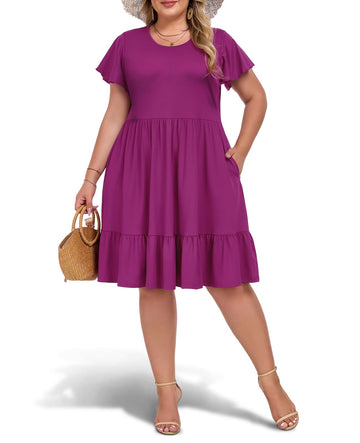 Plus Size Casual Midi Dress with Pockets - Plum, 4XL Plus Size Casual Midi Dress with Pockets - Plum, 4XL