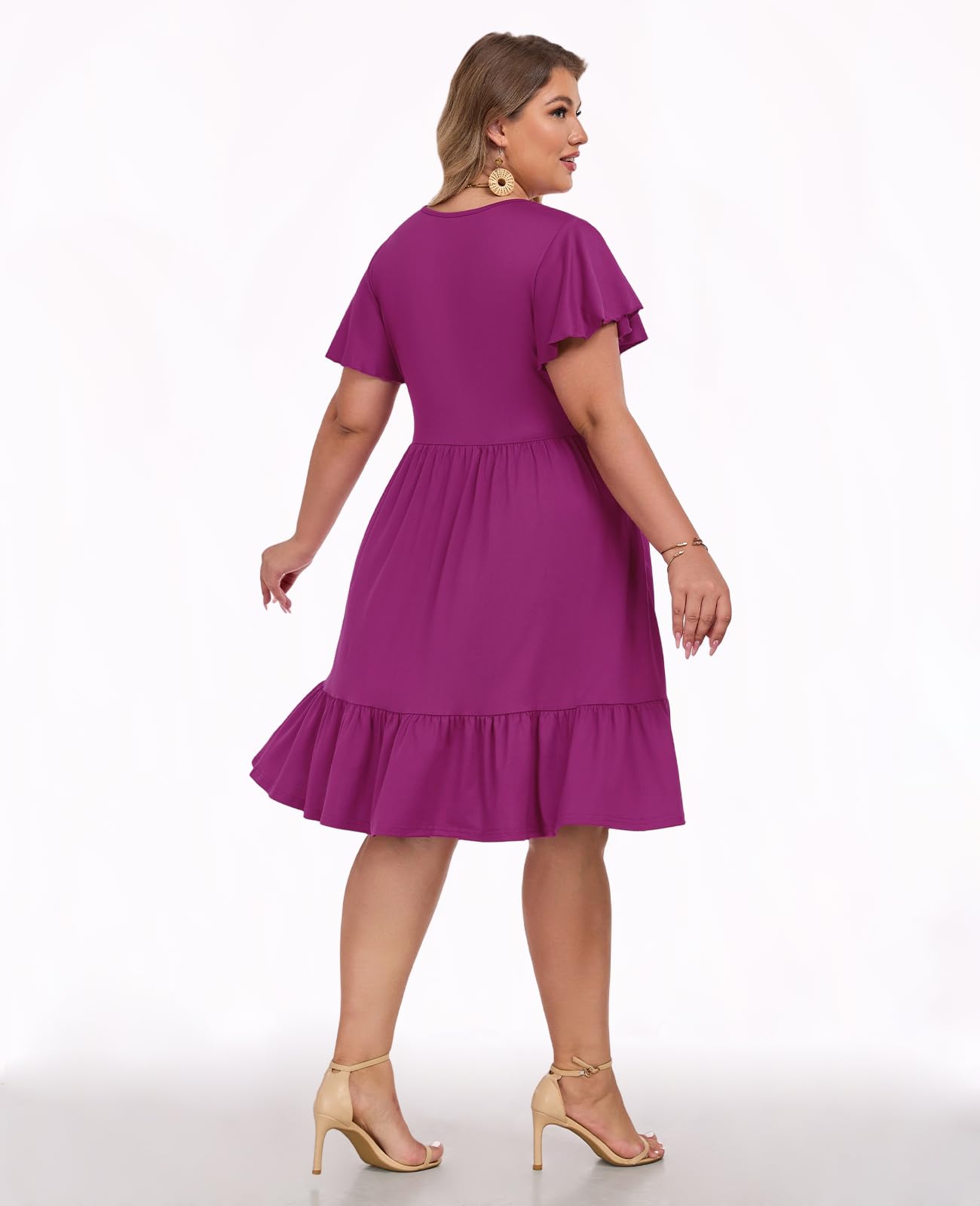 Plus Size Casual Midi Dress with Pockets - Plum | Moon Wood Plus Size Casual Midi Dress with Pockets - Plum | Moon Wood