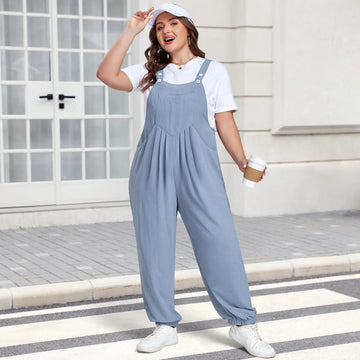 Plus Size Casual Overalls Jumpsuit Loose Fit - Grey Blue