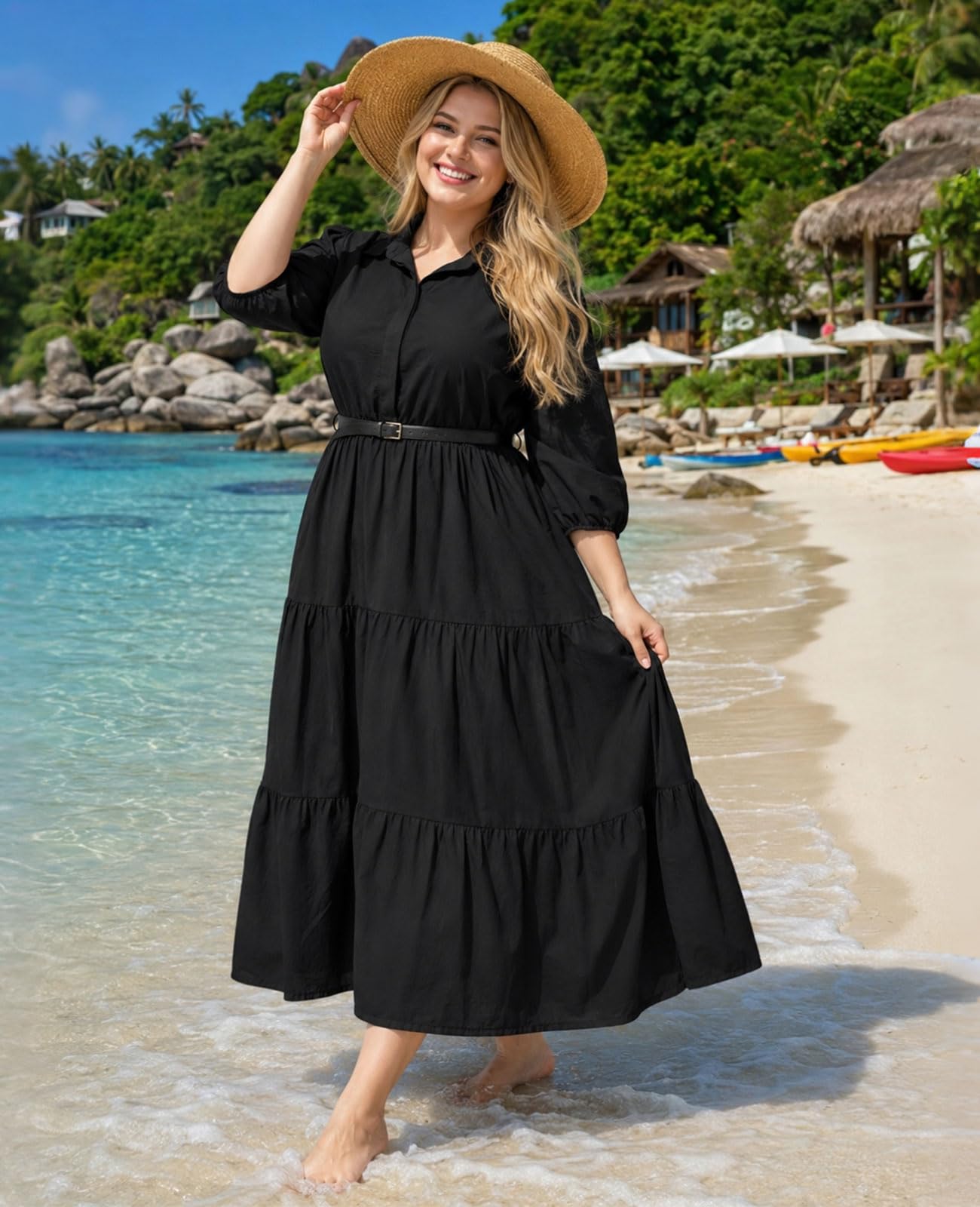 Black shirt dress with collared button placket and tiered three-quarter skirt