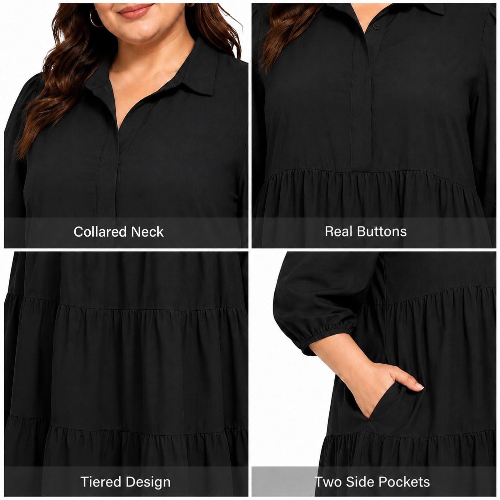 Black shirt dress showing collared neckline, real buttons, tiered layers, side pockets