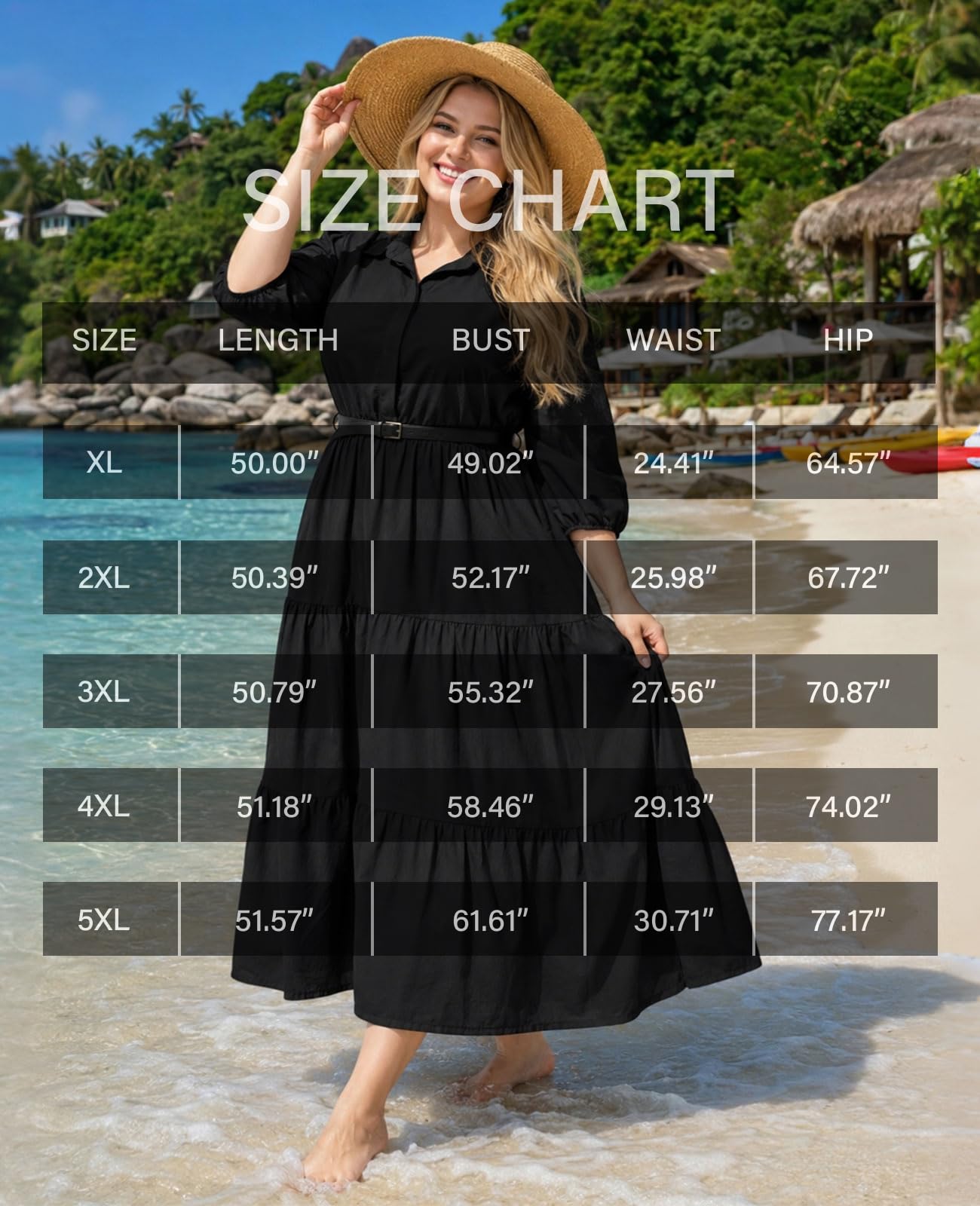 Black shirt dress with tiered skirt and collared neckline on model