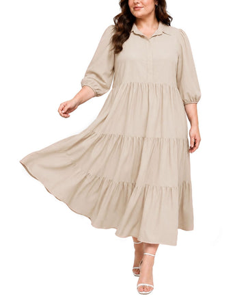 Tiered plus size casual shirt dress, collared neckline, three-quarter sleeves, khaki