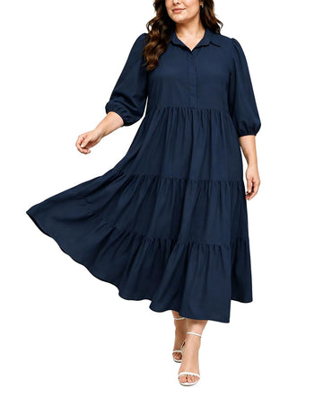 Plus Size Casual Shirt Dress - Navy