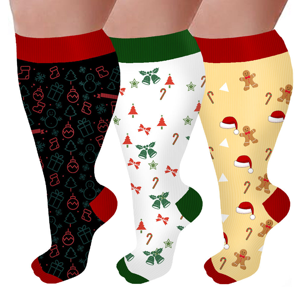 Plus Size Christmas Compression Socks(3 Pairs)-Moon Wood