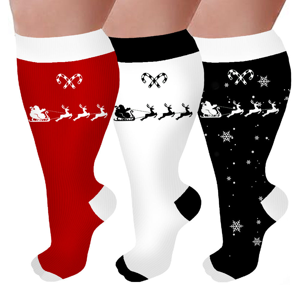 Plus Size Compression Socks Christmas Reindeer sleigh(3 Pairs)-Moon Wood