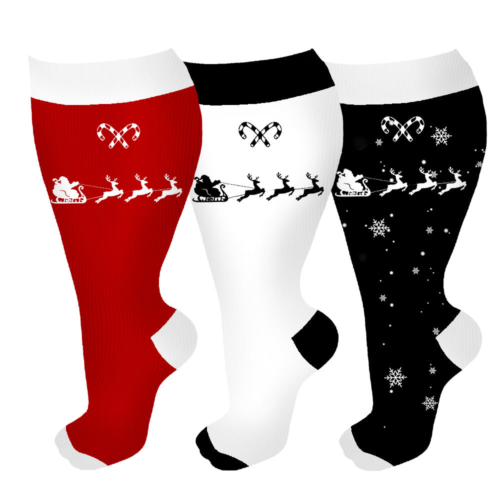 Plus Size Compression Socks Christmas Reindeer sleigh(3 Pairs)-Moon Wood