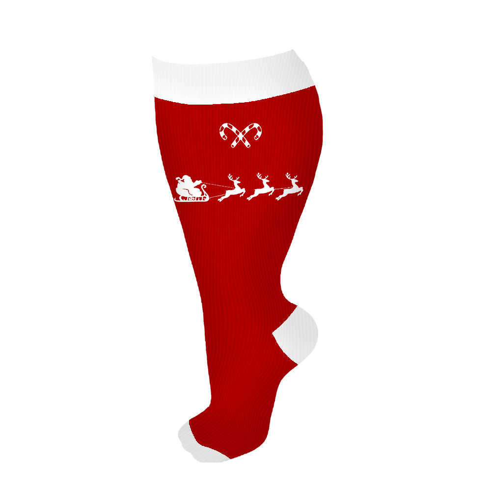 Plus Size Compression Socks Christmas Reindeer sleigh(3 Pairs)-Moon Wood