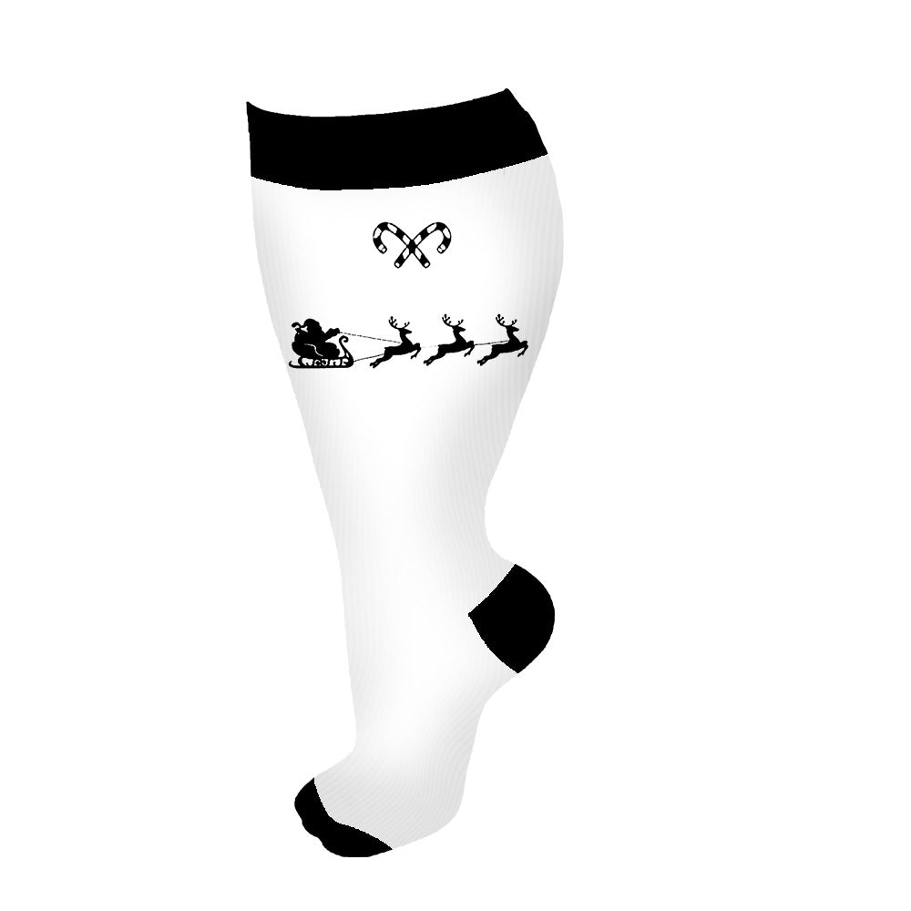 Plus Size Compression Socks Christmas Reindeer sleigh(3 Pairs)-Moon Wood