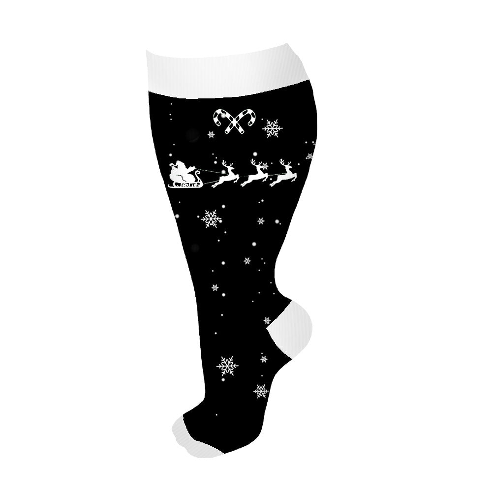 Plus Size Compression Socks Christmas Reindeer sleigh(3 Pairs)-Moon Wood