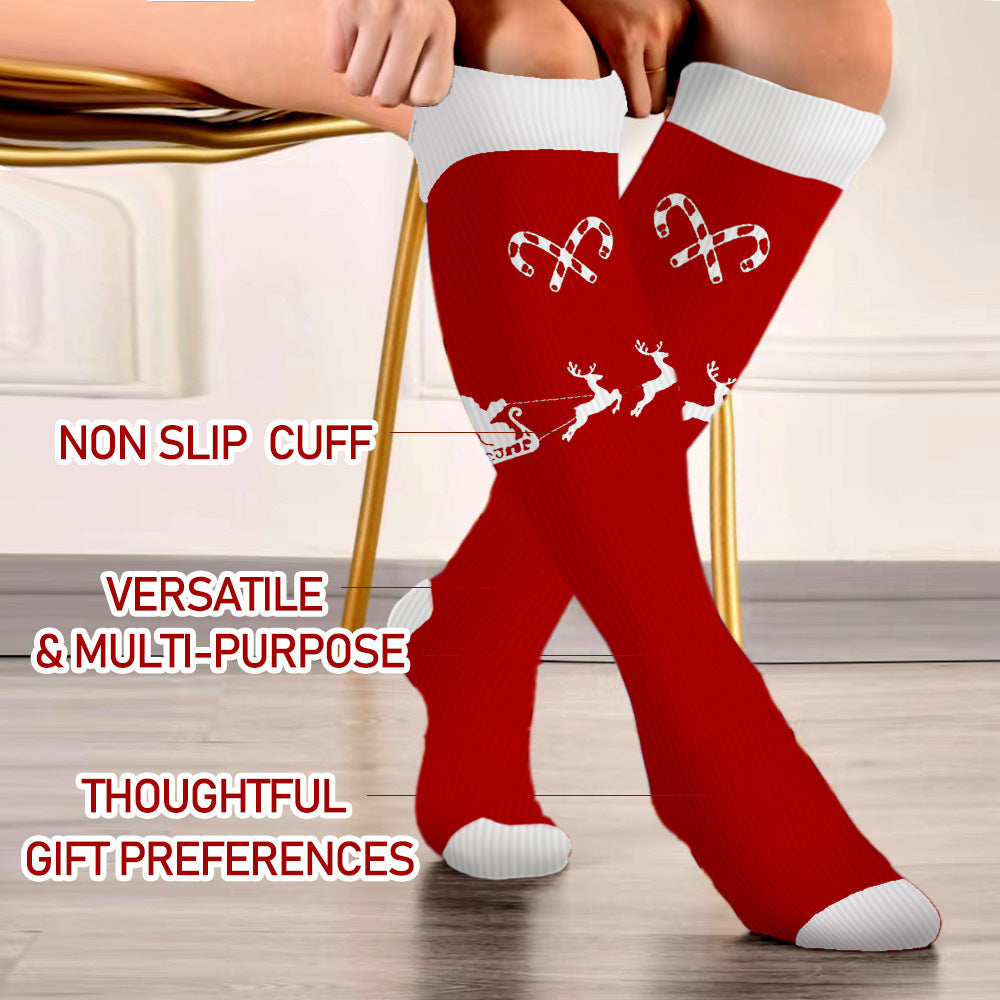 Plus Size Compression Socks Christmas Reindeer sleigh(3 Pairs)-Moon Wood