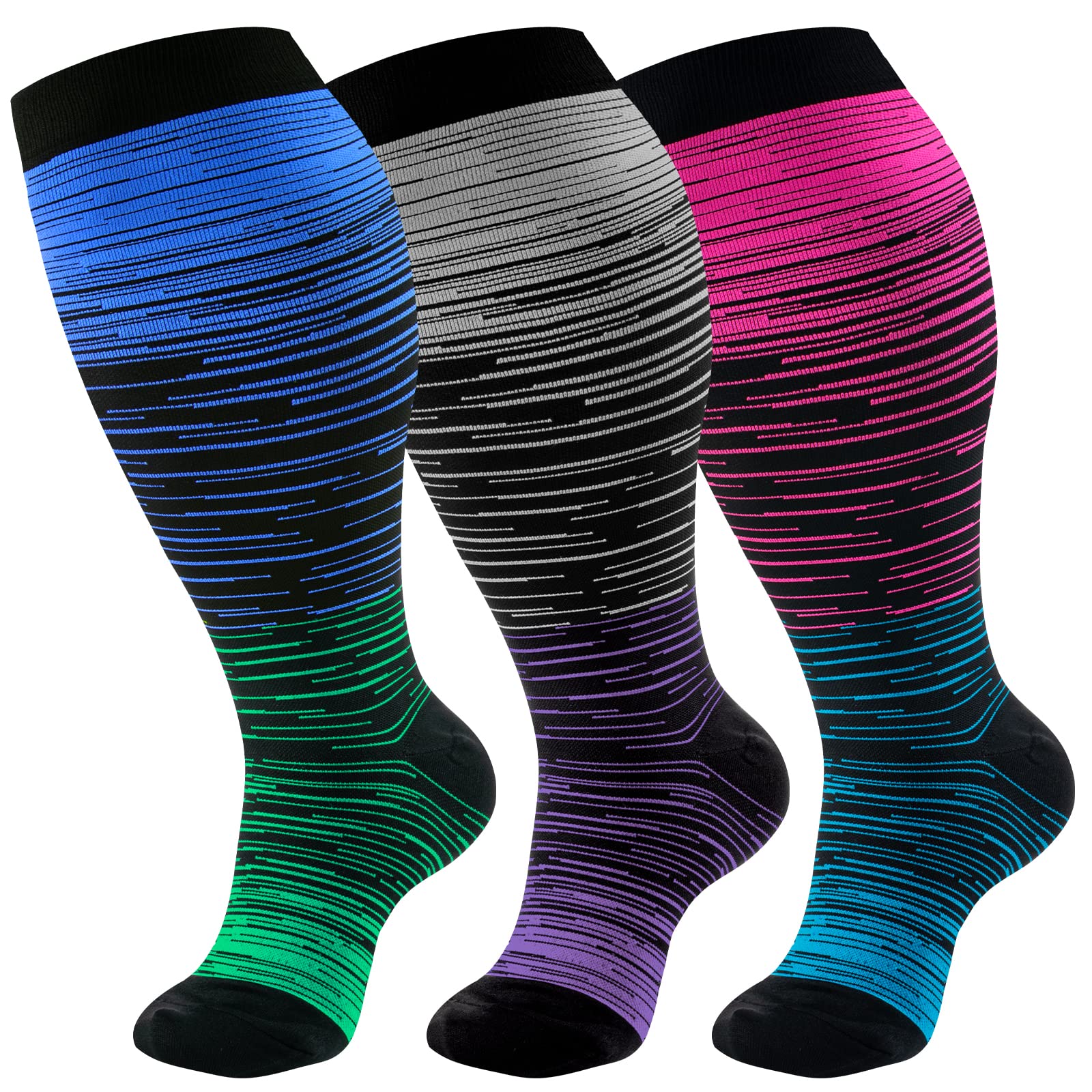 Plus Size Compression Socks Gradient Stripe(3 Pairs)-Moon Wood