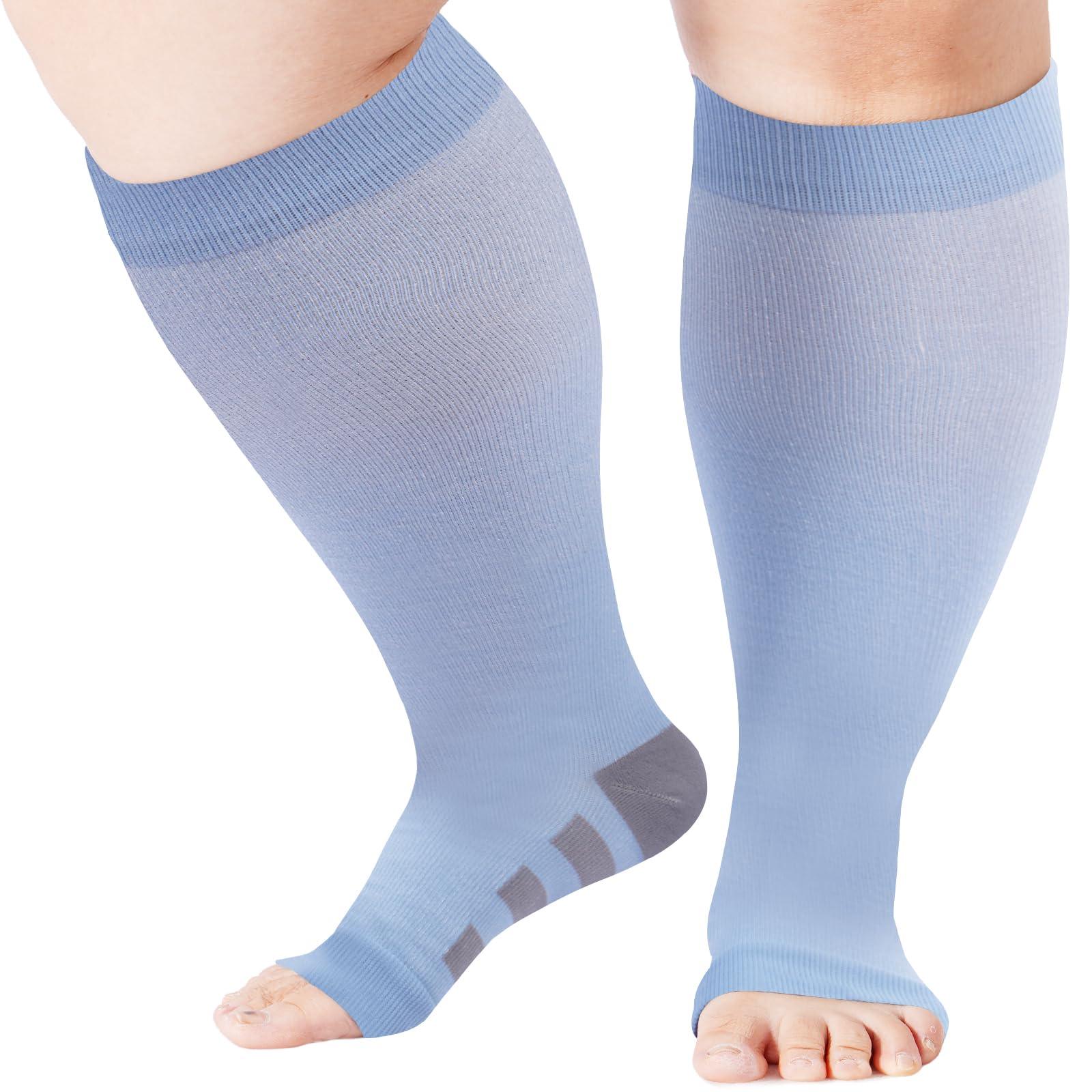 Plus Size Compression Socks Open Toe for Women& Men-Baby Blue-Moon Wood