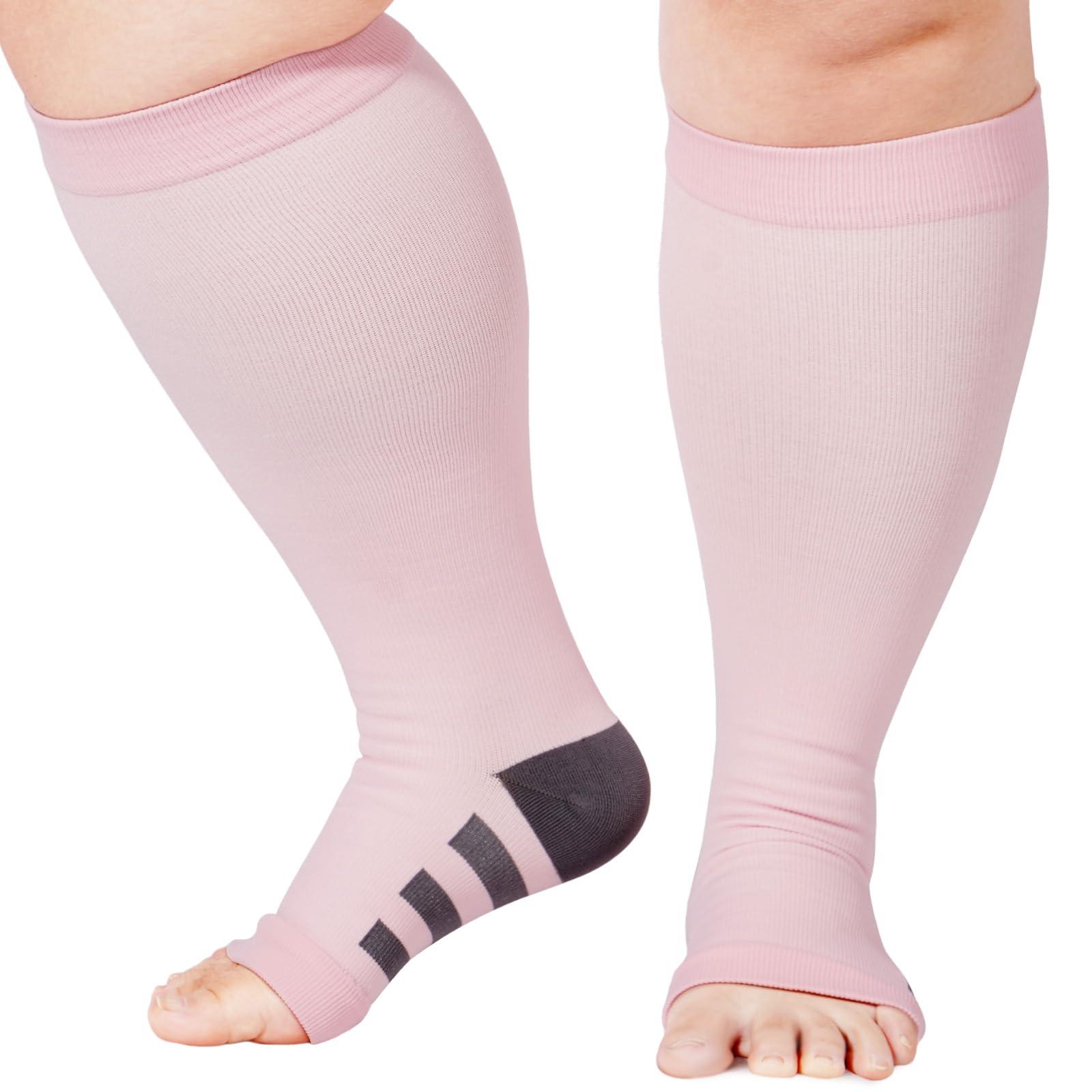 Plus Size Compression Socks Open Toe for Women& Men-Baby Pink-Moon Wood