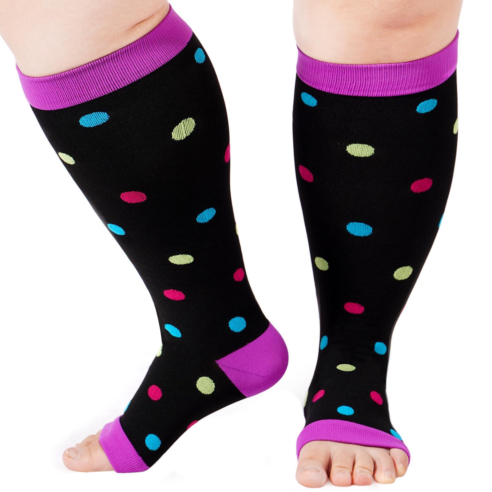 Plus Size Compression Socks Open Toe for Women& Men-Purple Dots-Moon Wood