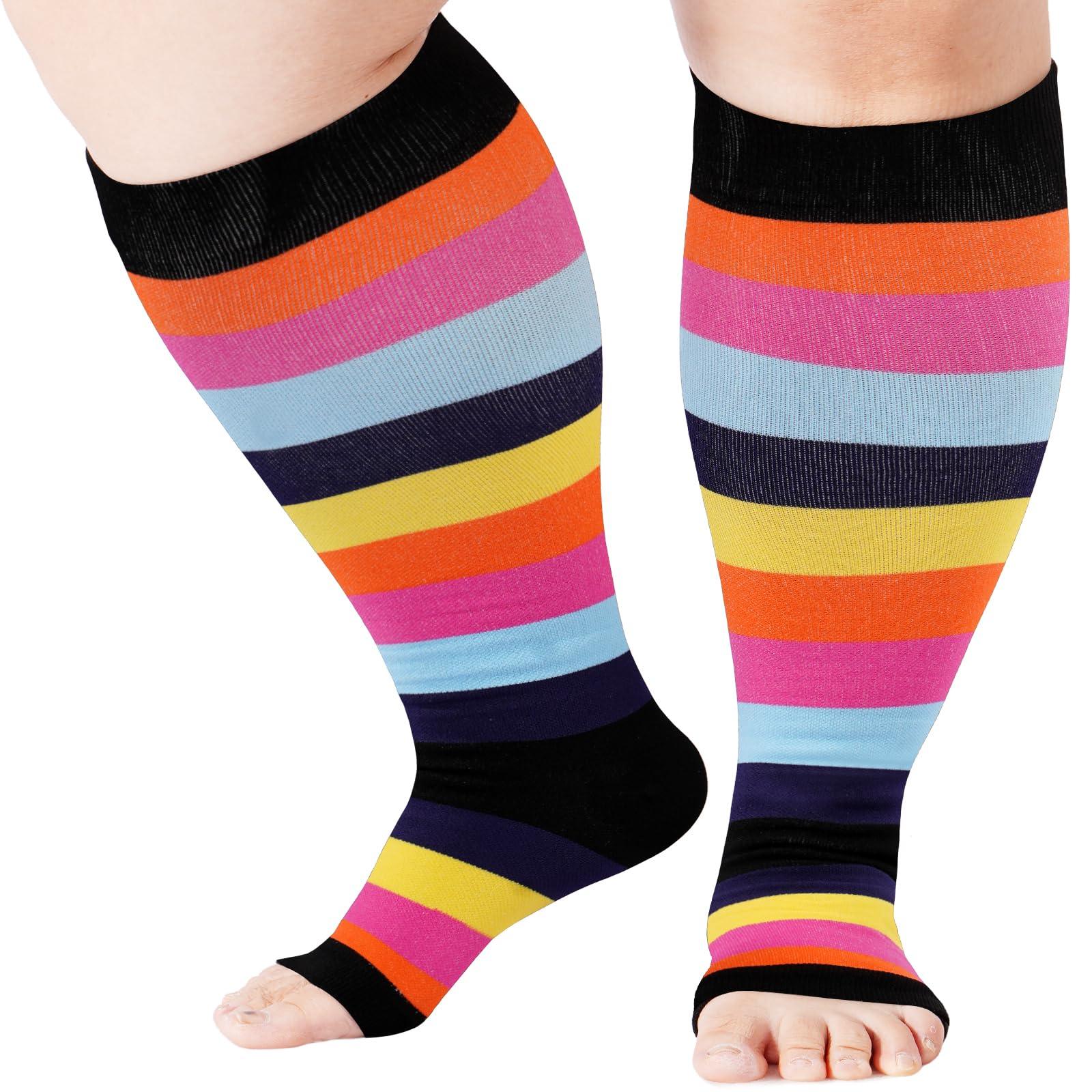 Plus Size Compression Socks Open Toe for Women& Men-Rainbow Stripes-Moon Wood