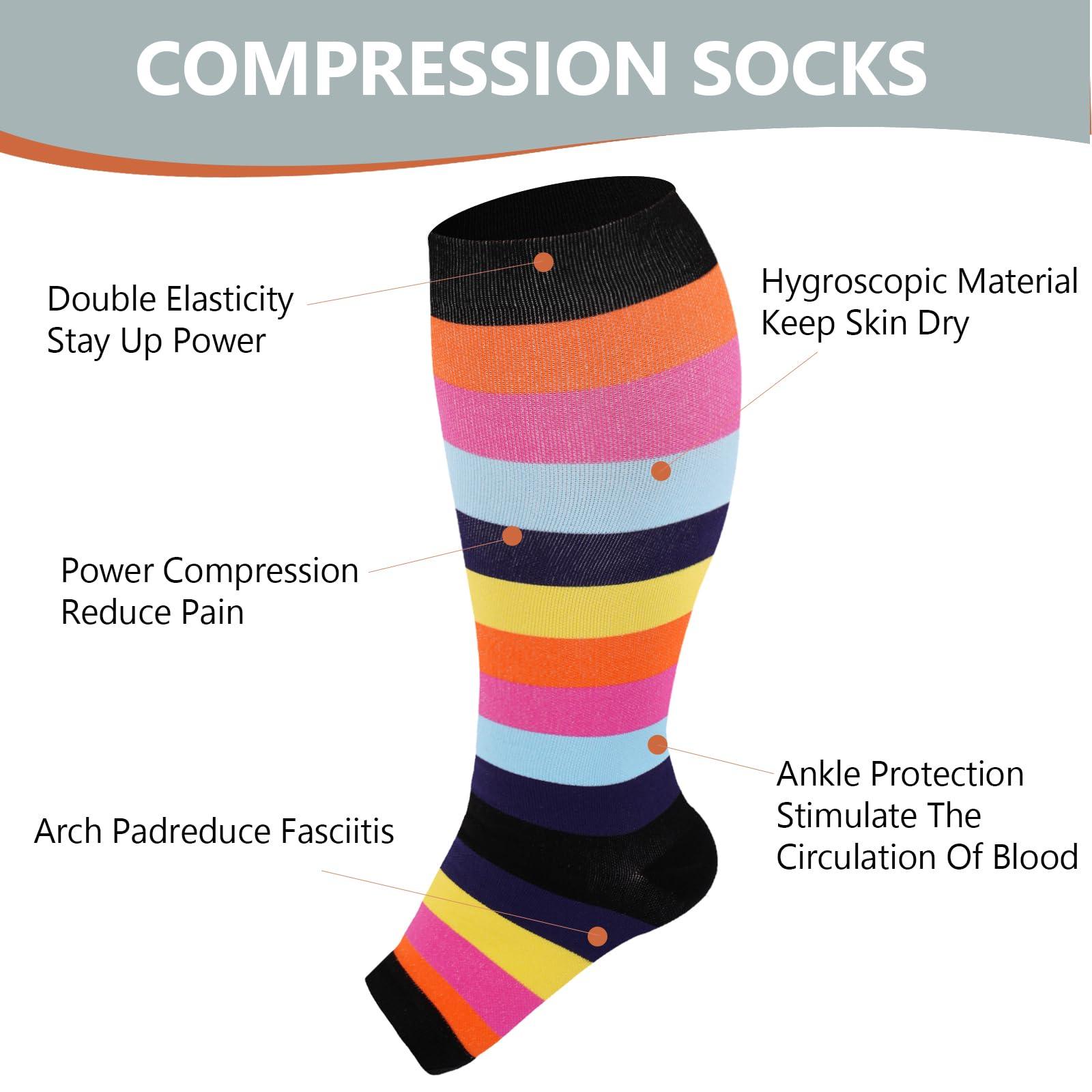 Plus Size Compression Socks Open Toe for Women& Men-Rainbow Stripes-Moon Wood