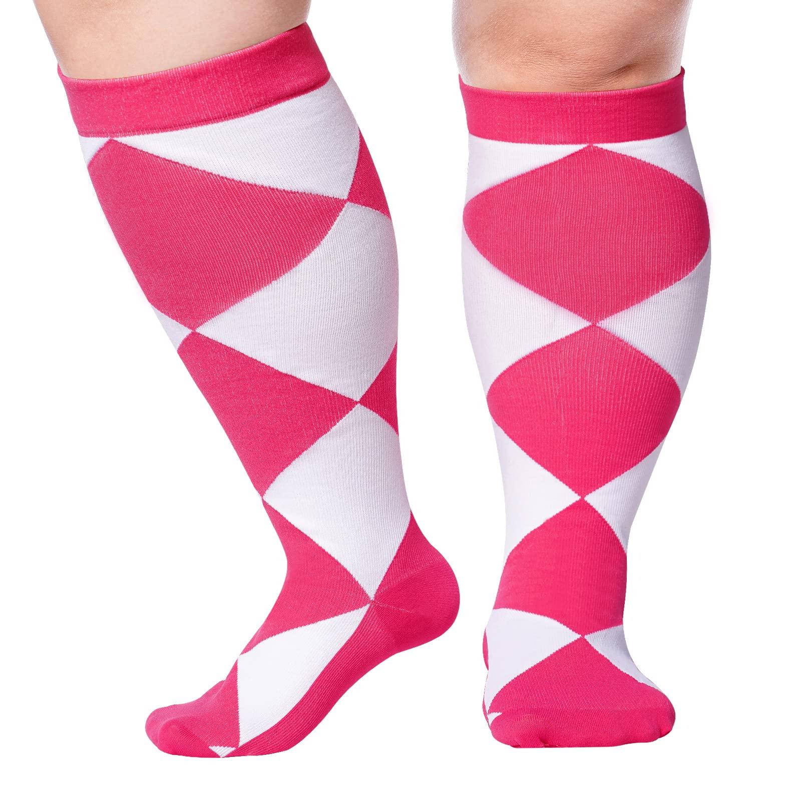 Plus Size Compression Socks for Wide Calf-Pink Lattice-Moon Wood