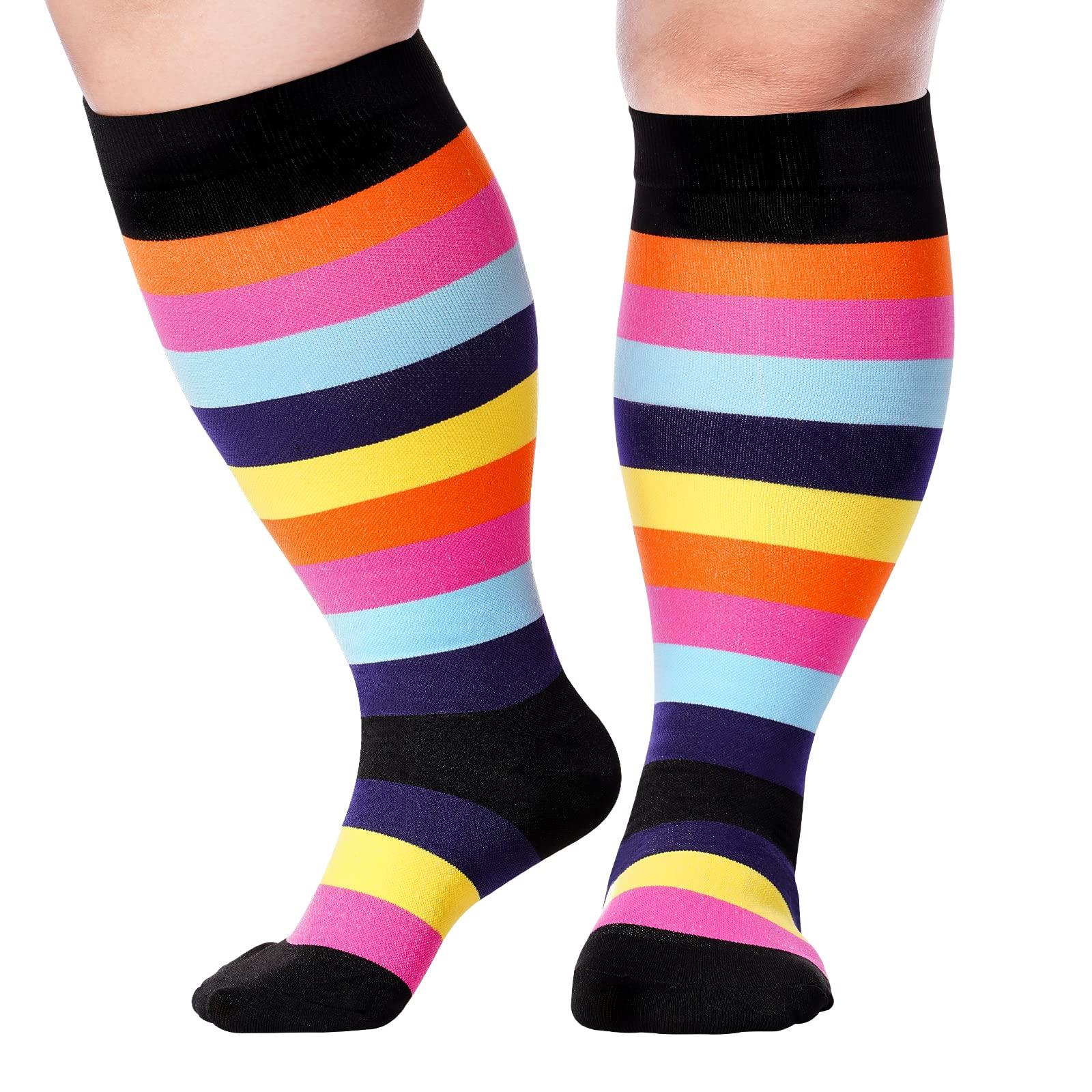 Plus Size Compression Socks for Wide Calf-Rainbow Stripe-Moon Wood