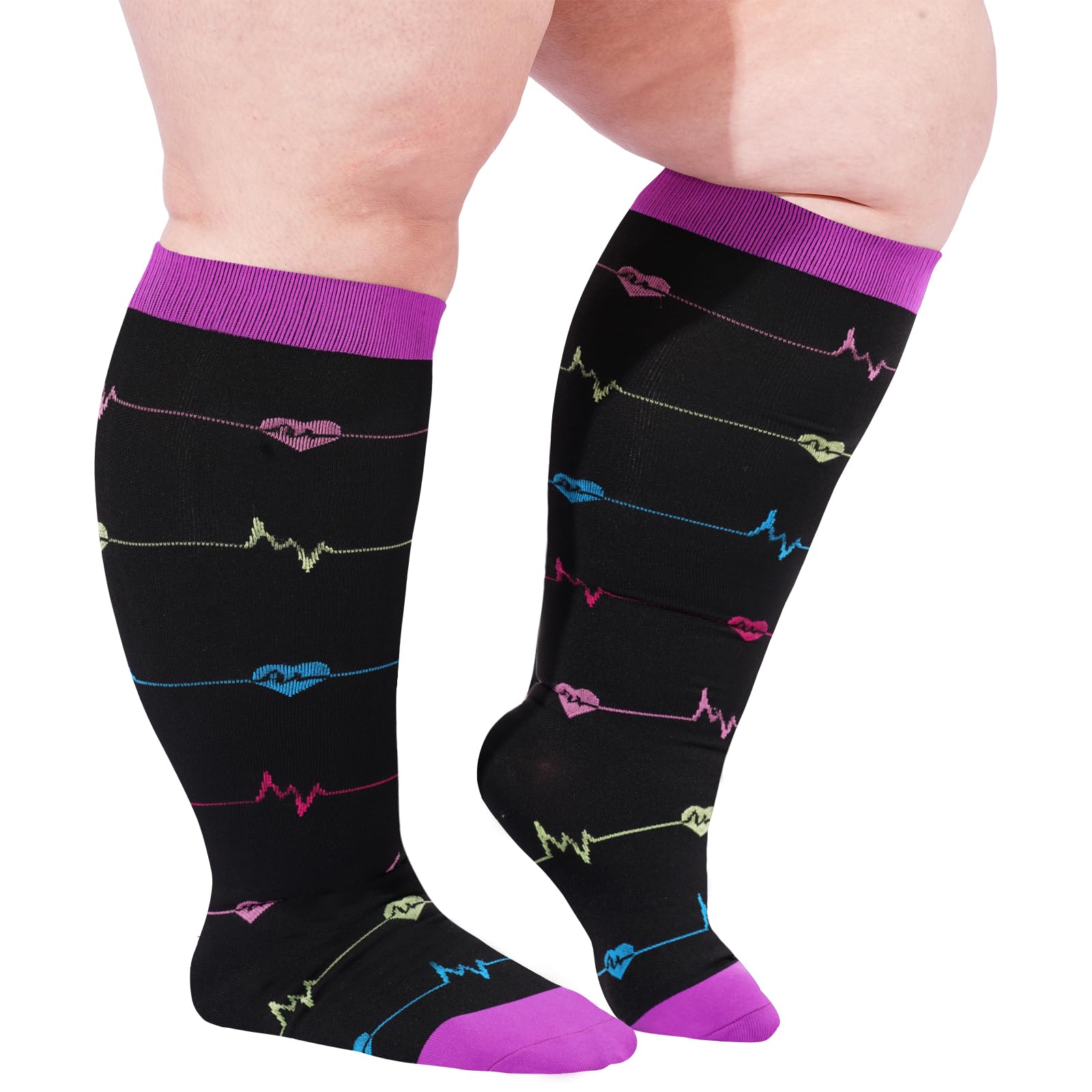 Plus Size Compression Socks for Wide Calf-black Mix Patterns