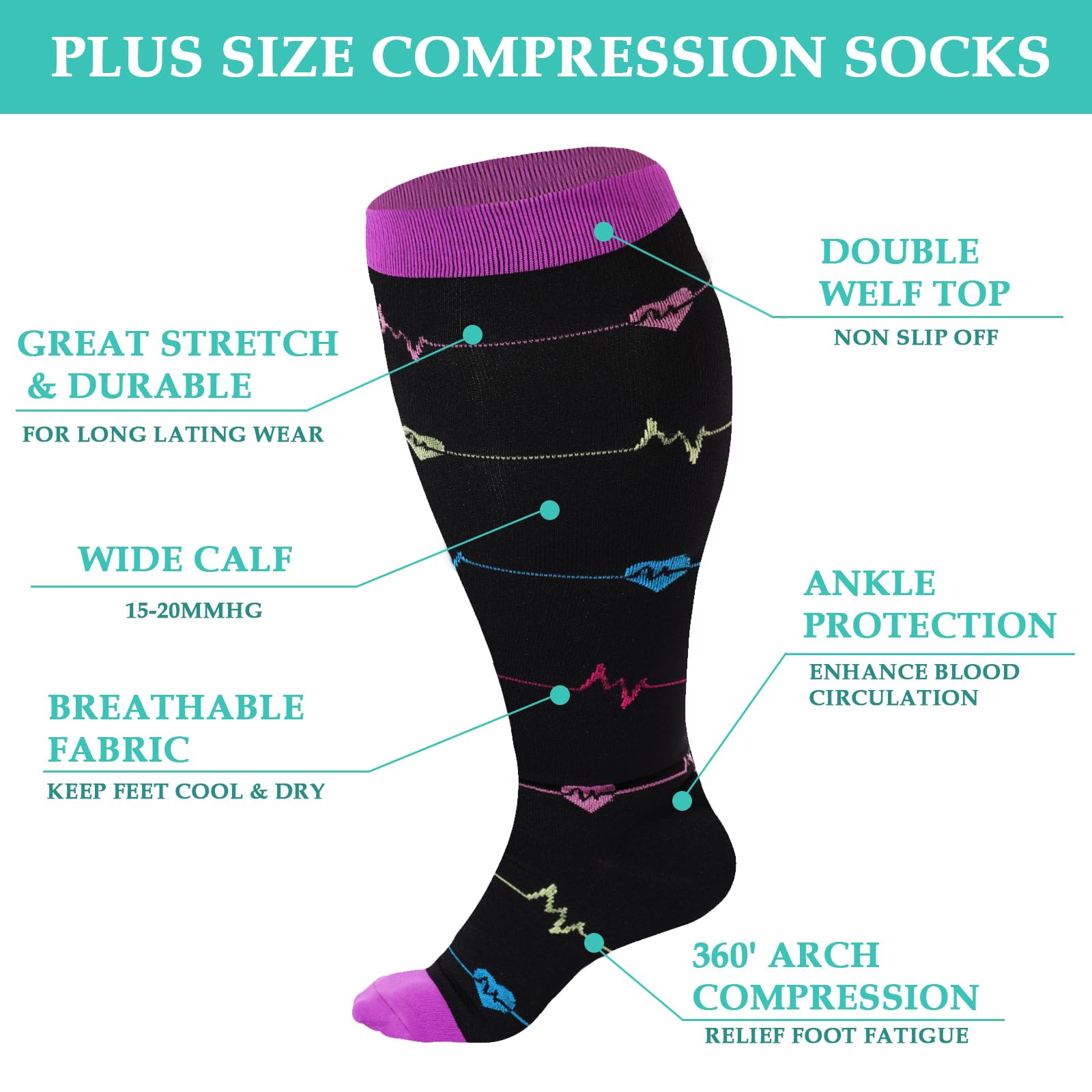 Plus Size Compression Socks for Wide Calf-black Mix Patterns - Moon Wood