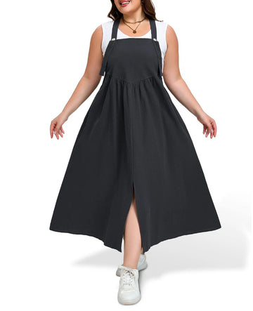 Plus Size Cotton Overall Dress Slit - Black Grey