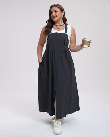 Plus Size Cotton Overall Dress Slit - Black Grey