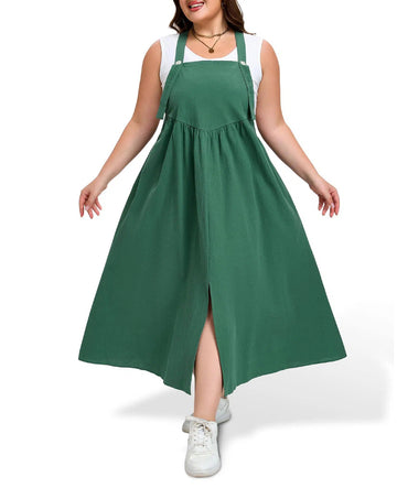 Plus Size Cotton Overall Dress Slit - Green