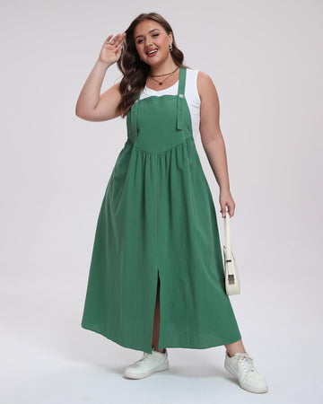 Plus Size Cotton Overall Dress Slit - Green
