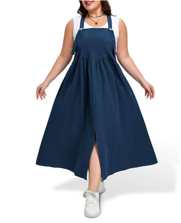 Plus Size Cotton Overall Dress Slit - Navy