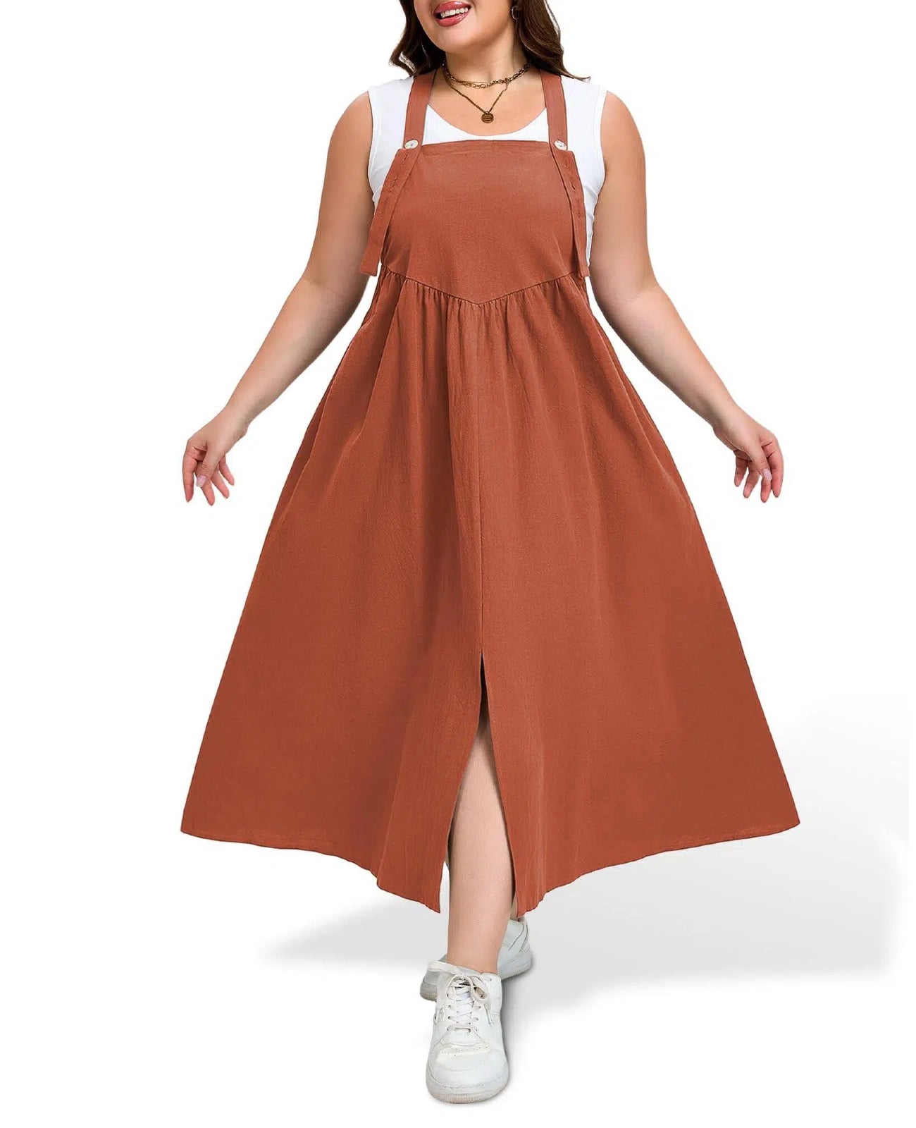 Plus Size Cotton Overall Dress Slit - Rust