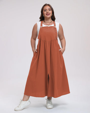 Plus Size Cotton Overall Dress Slit - Rust