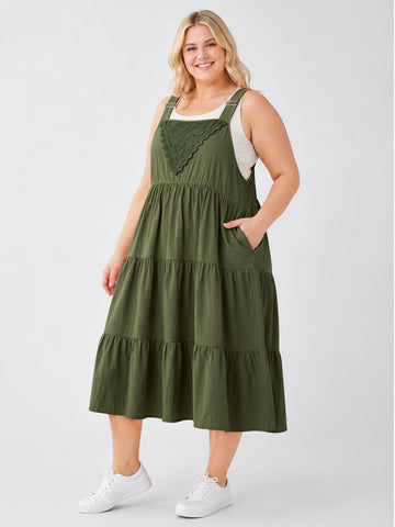 Plus Size Cotton Overall Dress Tiered Lace - Army Green