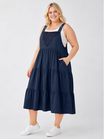 Plus Size Cotton Overall Dress Tiered Lace - Navy Blue
